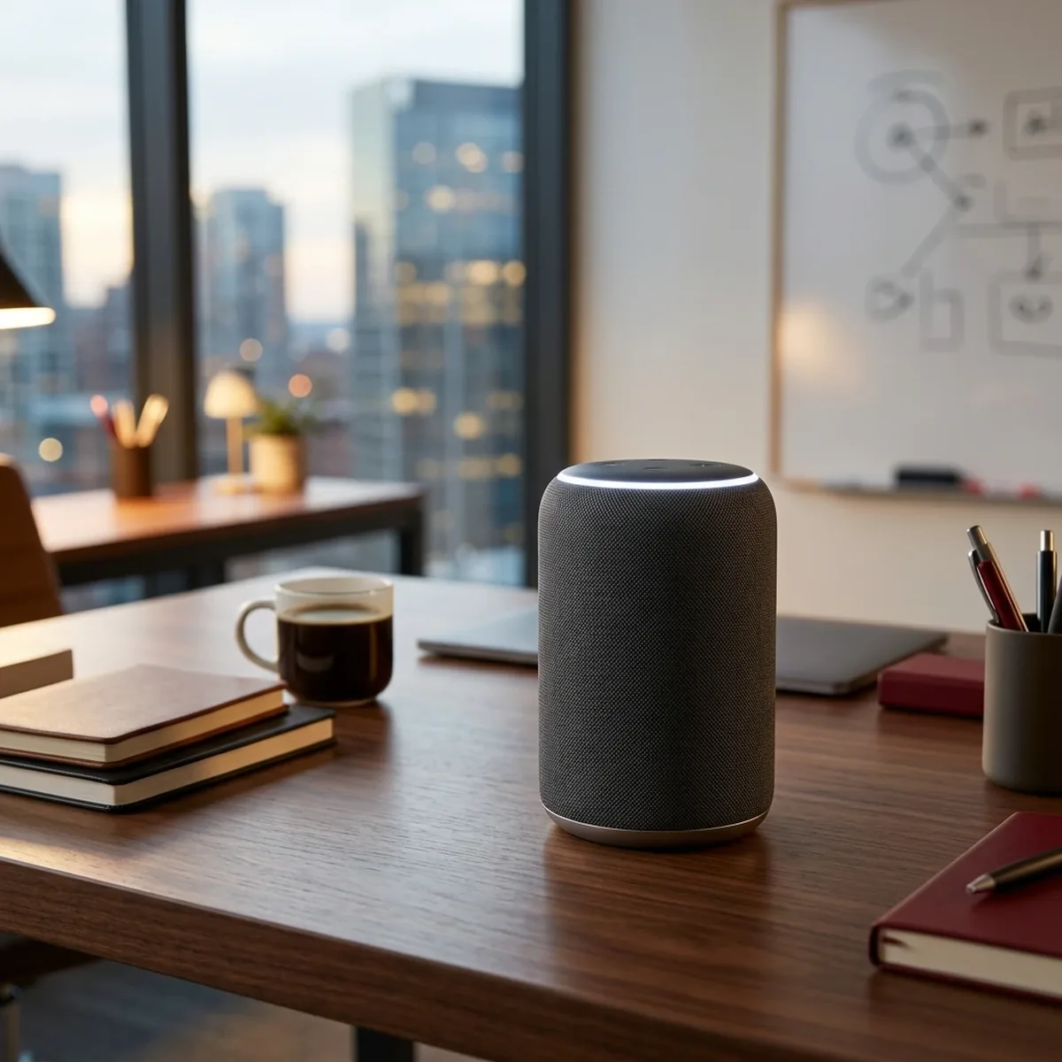 A dark grey smart speaker with a glowing ring on top stands on a dark wooden desk next to a cup of coffee, notebooks and pens, with a city skyline behind.