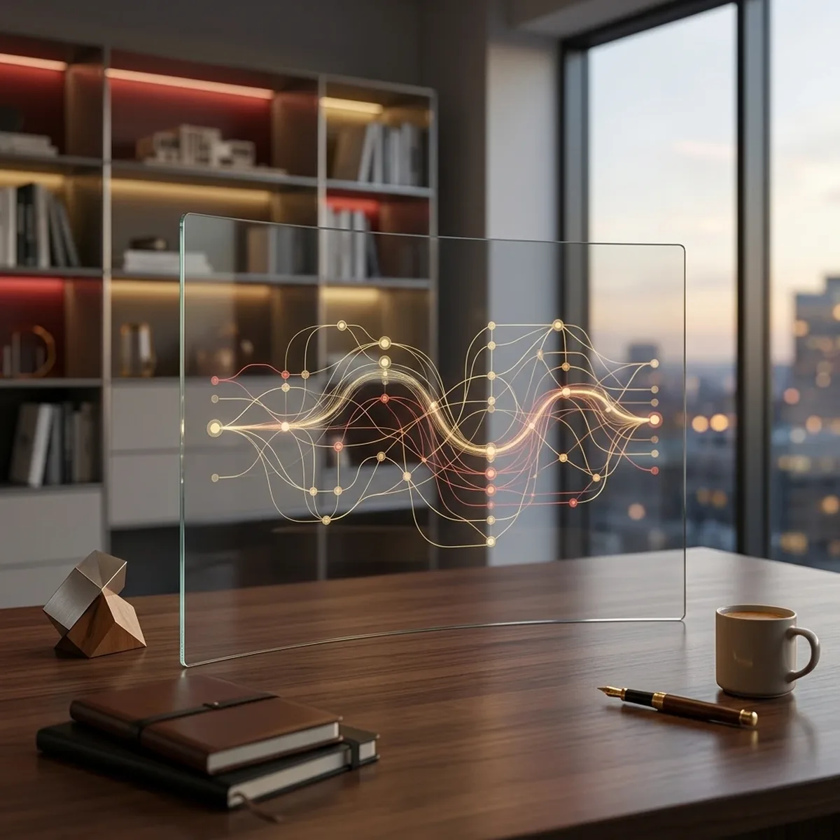 A curved glass panel on a desk shows glowing lines running from many points on the left and merging into one bright track towards the right.