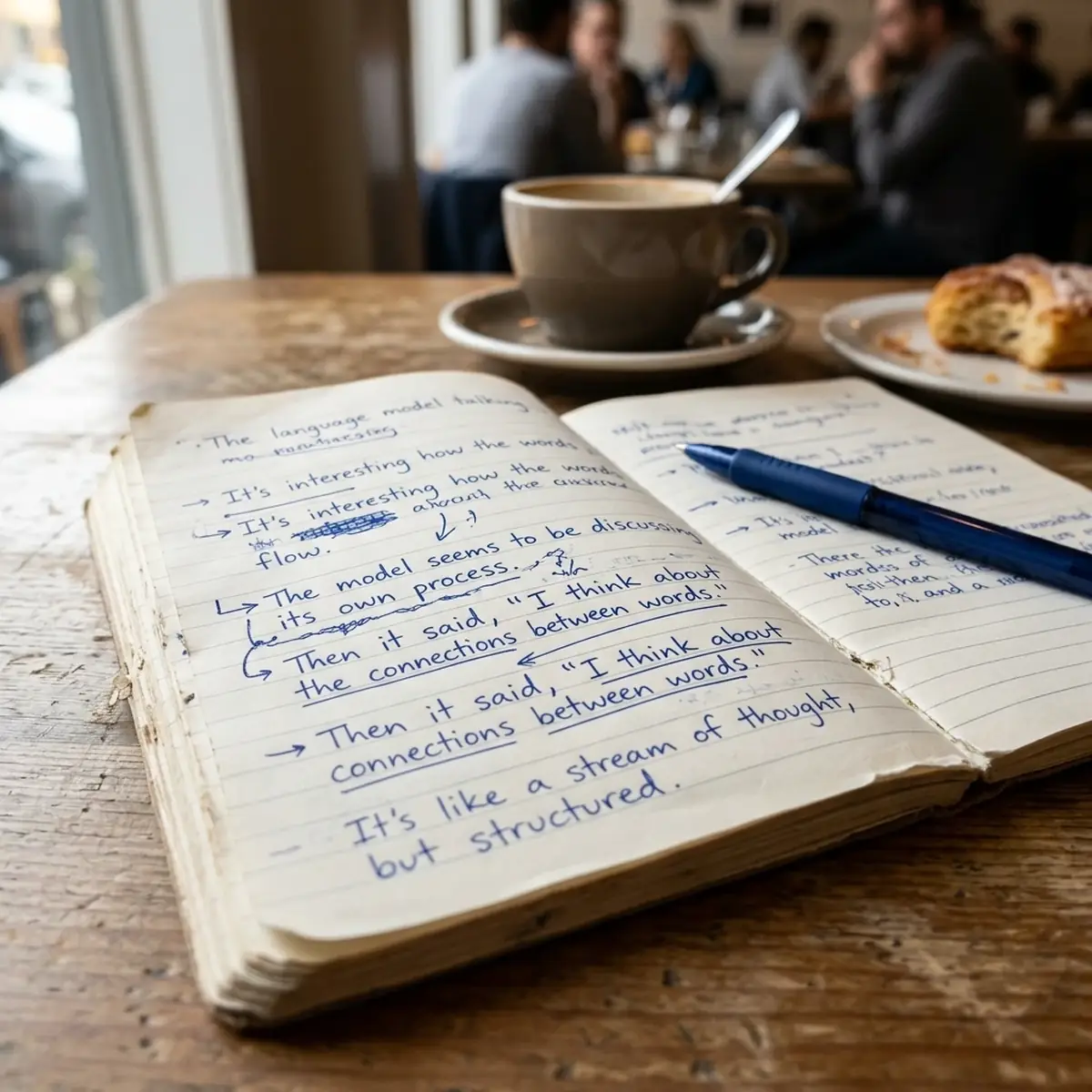 En opslået notesbog med håndskrevne blå noter om en sprogmodel ligger på et cafébord ved siden af en kuglepen, en kop kaffe og en tallerken med bagværk, med gæster i baggrunden.
